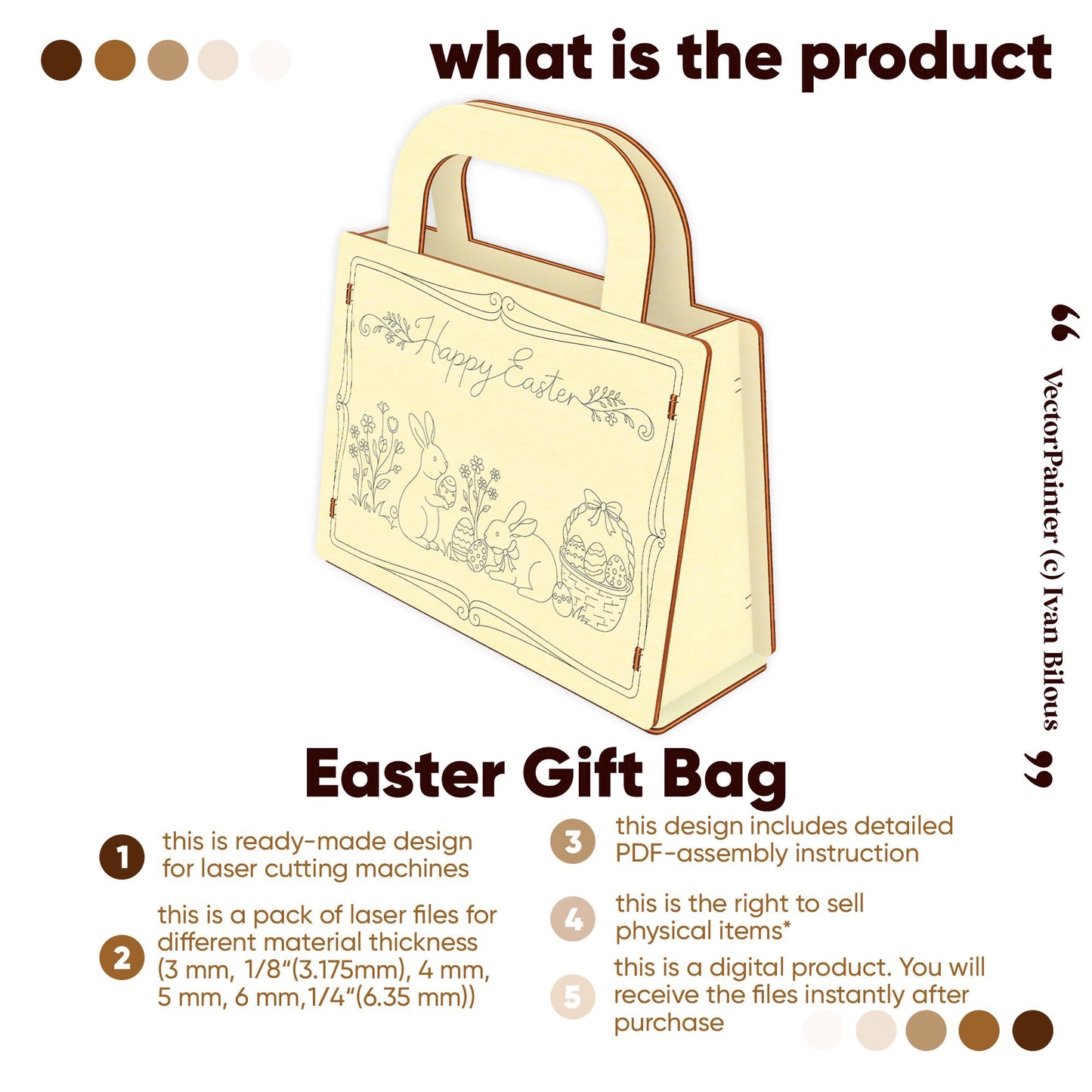 Digital design of an Easter gift bag for laser cut plywood. Includes multiple file versions and assembly instructions.