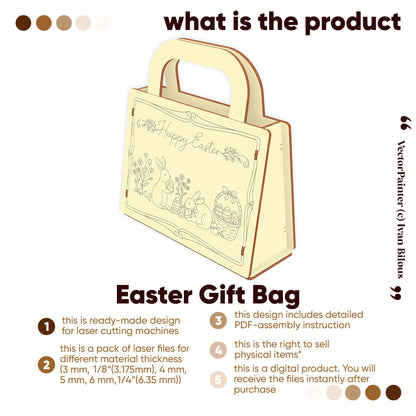 Digital design of an Easter gift bag for laser cut plywood. Includes multiple file versions and assembly instructions.