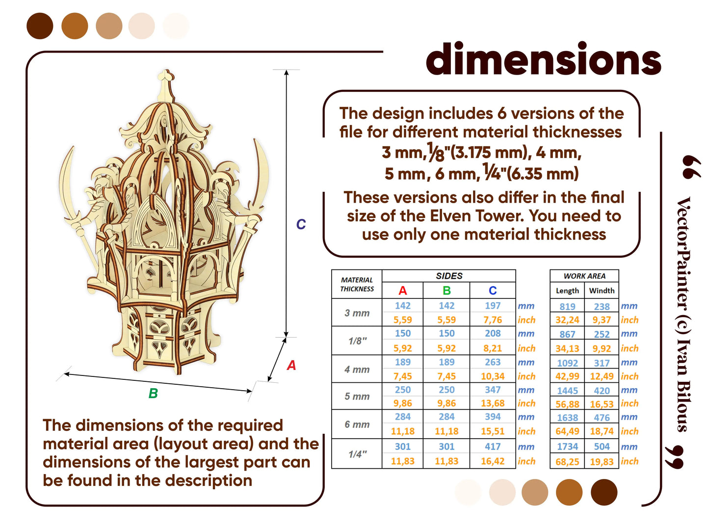 Grid size chart with various material thickness metrics for a 3D fantasy fortress made of laser cut plywood sheets.