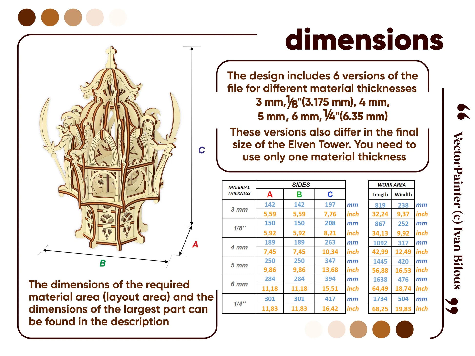 Grid size chart with various material thickness metrics for a 3D fantasy fortress made of laser cut plywood sheets.