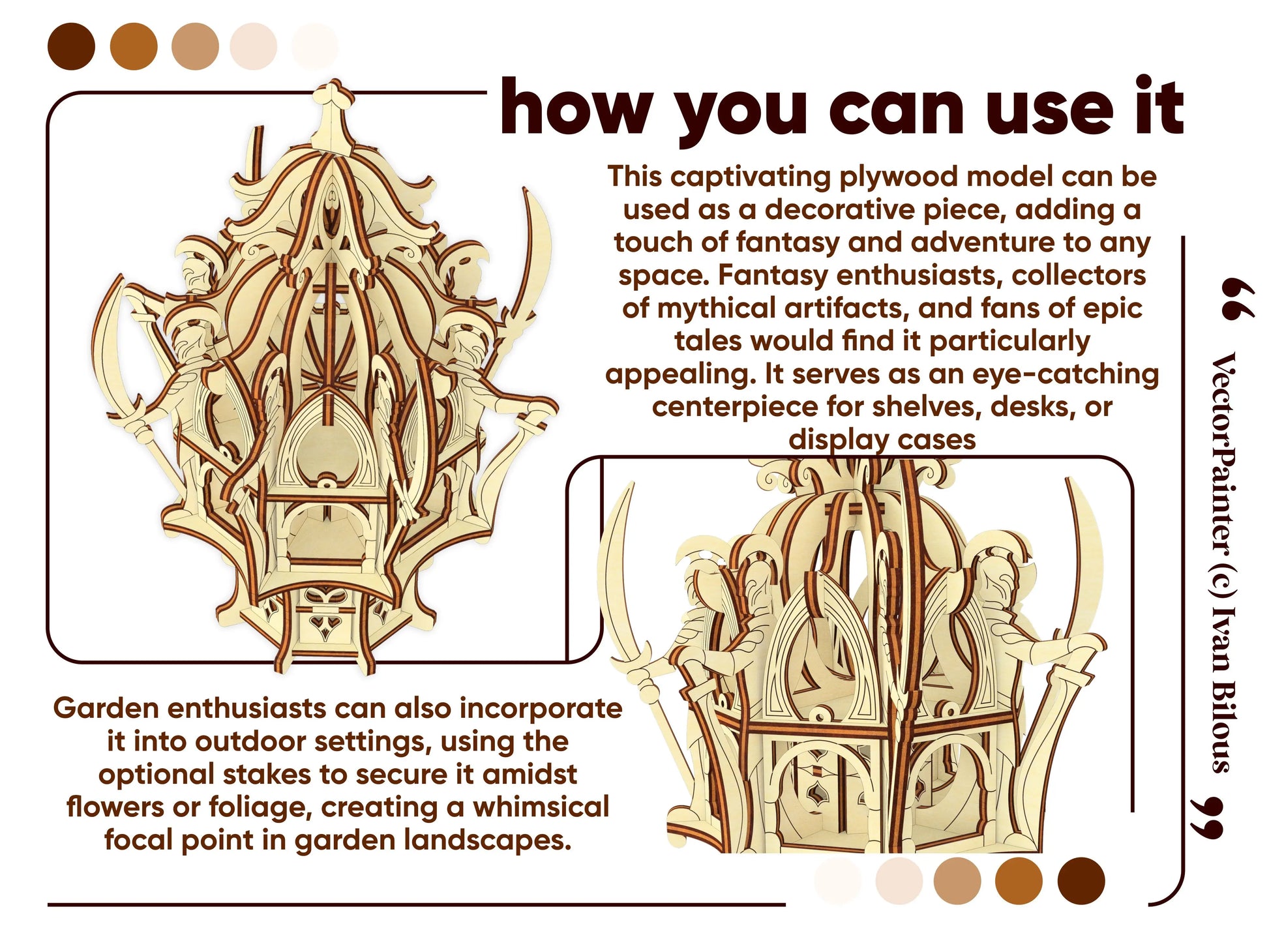 Product use ideas graphic showing a laser cut plywood elven shrine miniature staged as indoor and outdoor decoration.