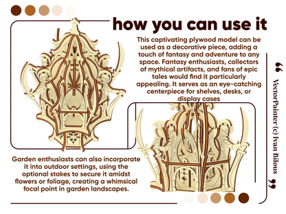 Product use ideas graphic showing a laser cut plywood elven shrine miniature staged as indoor and outdoor decoration.