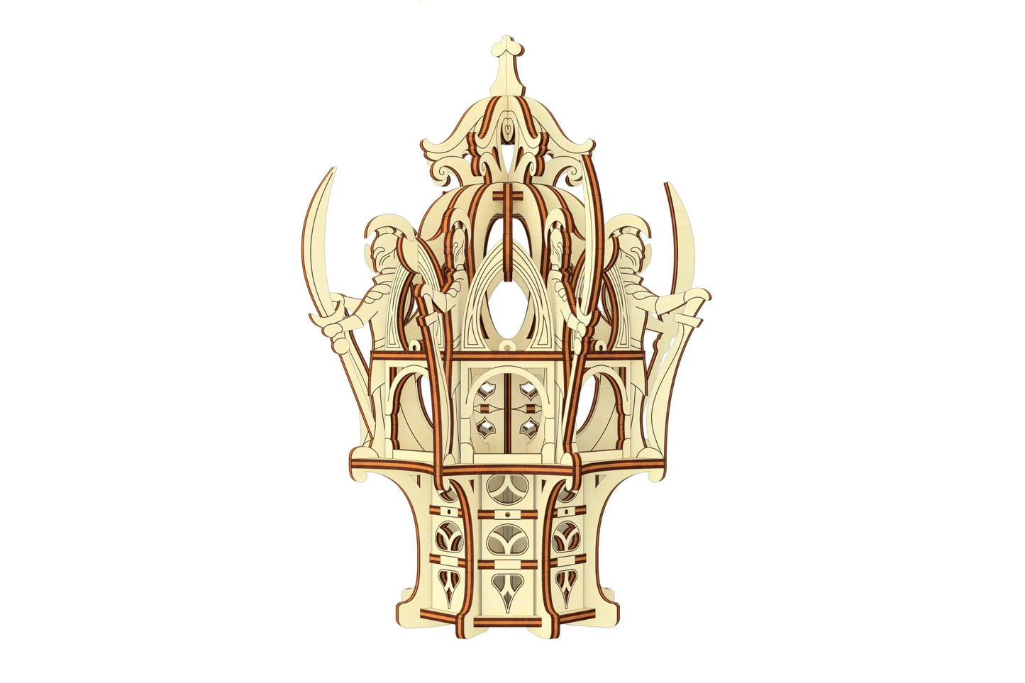Straight orthographic view of an assembled laser cut plywood tabletop gaming castle tower with symmetrical design.