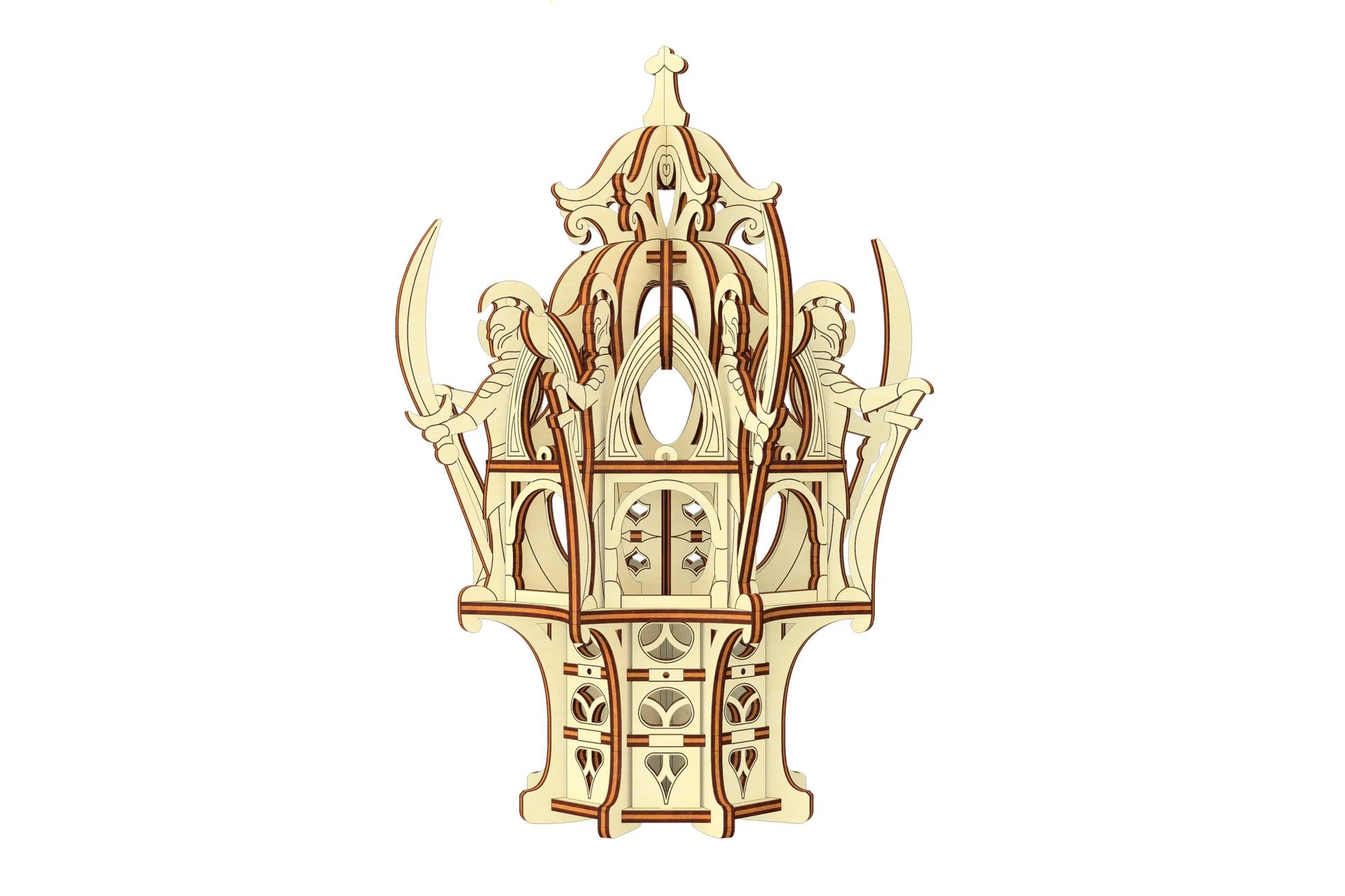 Straight orthographic view of an assembled laser cut plywood tabletop gaming castle tower with symmetrical design.
