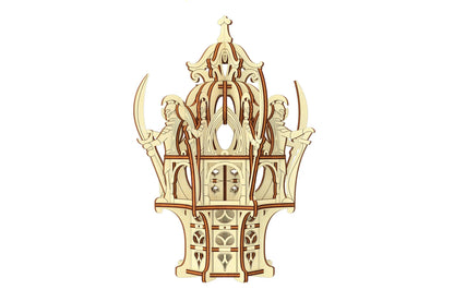 Straight orthographic view of an assembled laser cut plywood tabletop gaming castle tower with symmetrical design.