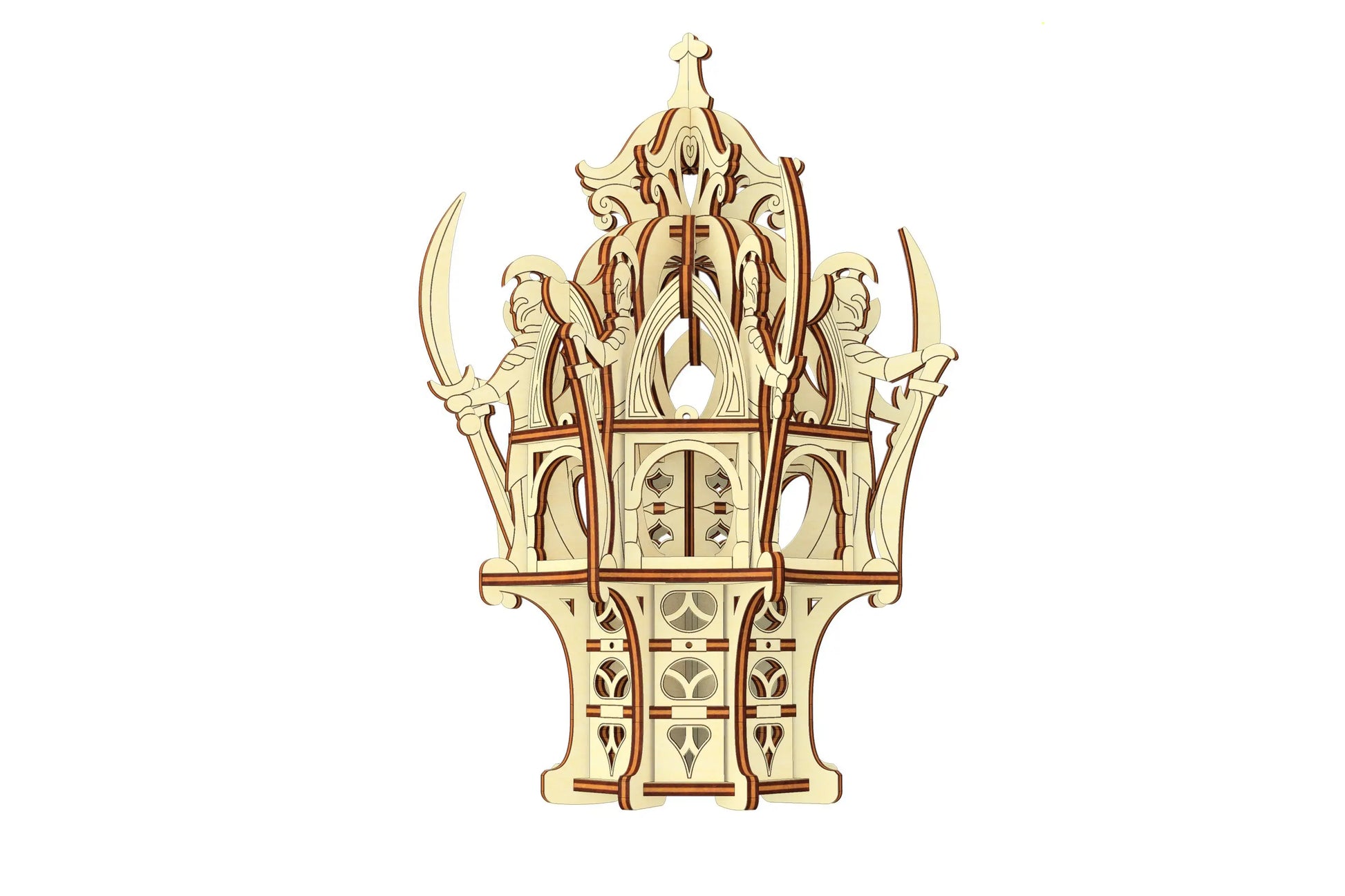 Clean eye-level front view of a flat base laser cut plywood elven dice tower lantern displaying precise arched cutout gates.