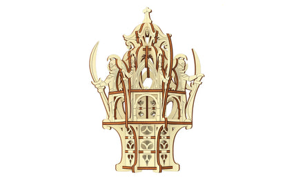 Clean eye-level front view of a flat base laser cut plywood elven dice tower lantern displaying precise arched cutout gates.