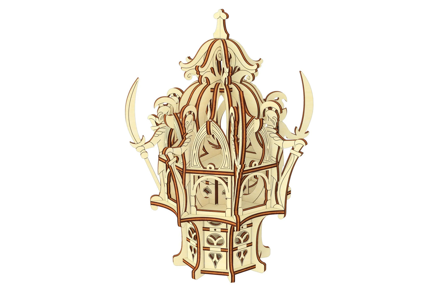 High-angle studio view of an intricate laser cut plywood elven outpost structure with multi-layered interlocking walls.