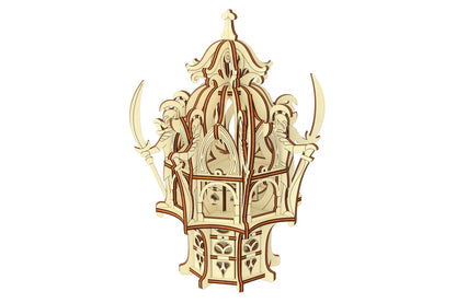 High-angle studio view of an intricate laser cut plywood elven outpost structure with multi-layered interlocking walls.