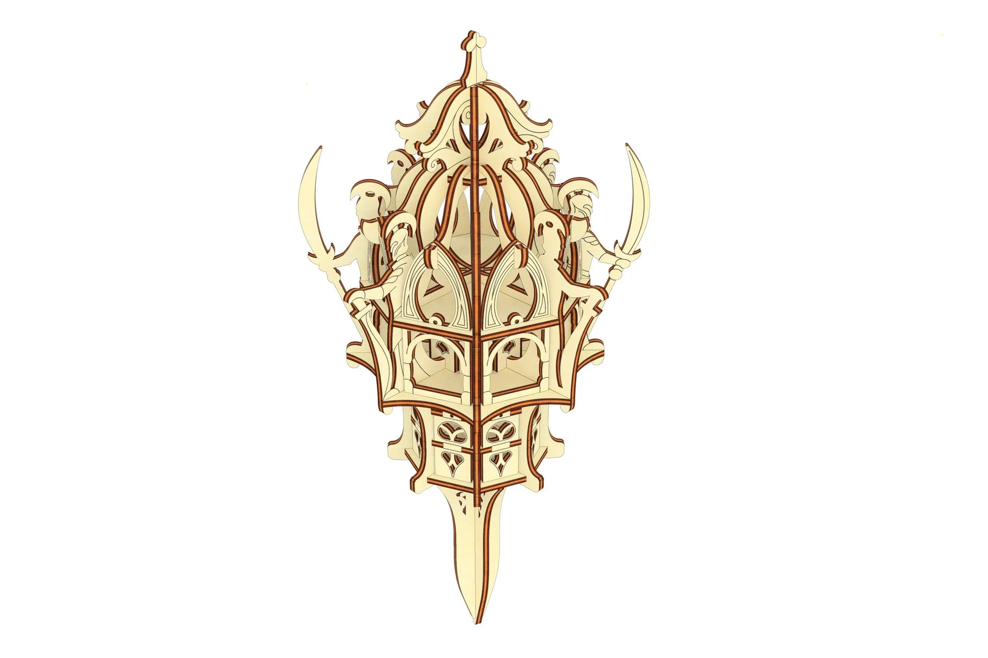 Perspective look of a laser cut plywood elven shrine model variation with an integrated long ground stake, studio shot.