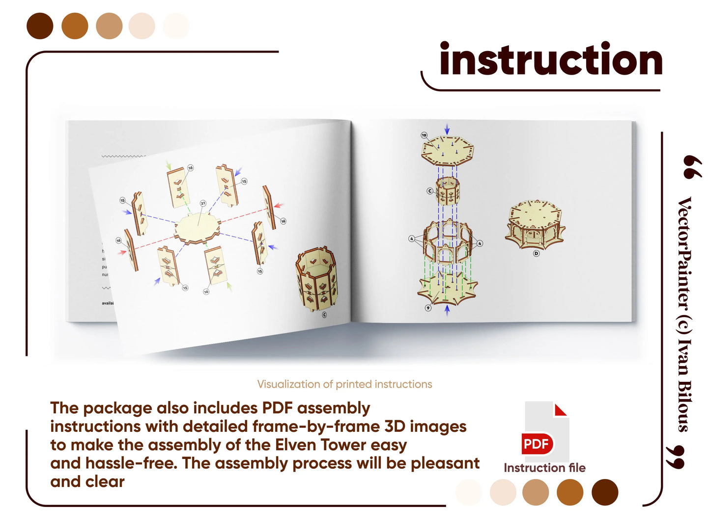 Brochure page displaying digital 3D assembly manual instructions for building an elven laser cut plywood dice tower.