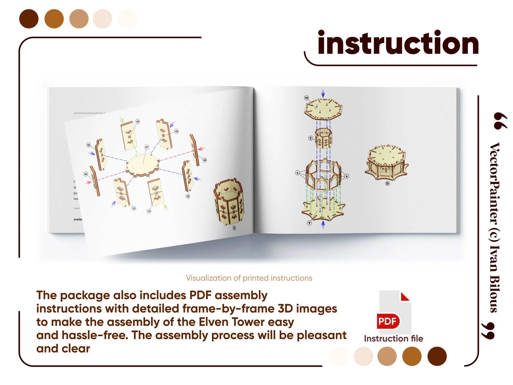 Brochure page displaying digital 3D assembly manual instructions for building an elven laser cut plywood dice tower.