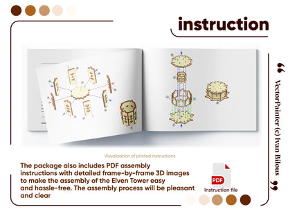 Brochure page displaying digital 3D assembly manual instructions for building an elven laser cut plywood dice tower.