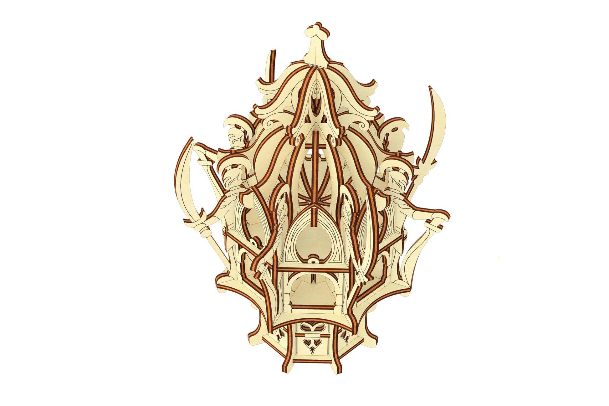 Top-down perspective of a 3D fantasy fortress project made from laser cut plywood panels on a clean white background.
