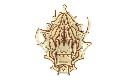 Top-down perspective of a 3D fantasy fortress project made from laser cut plywood panels on a clean white background.