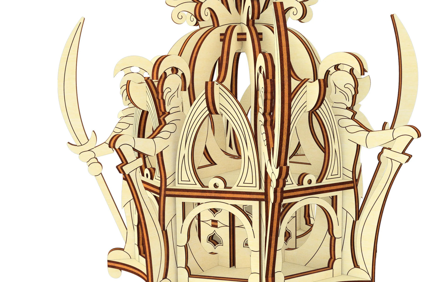 Macro vector render of a laser cut plywood fantasy tower detailing miniature elven warriors holding crescent swords.