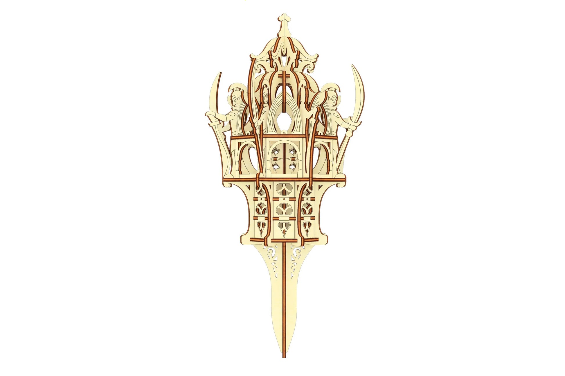 Straight front view of a laser cut plywood mystical tower with a stake bottom, featuring detailed wooden elven guards.