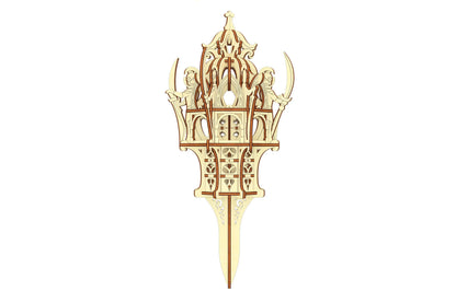 Straight front view of a laser cut plywood mystical tower with a stake bottom, featuring detailed wooden elven guards.