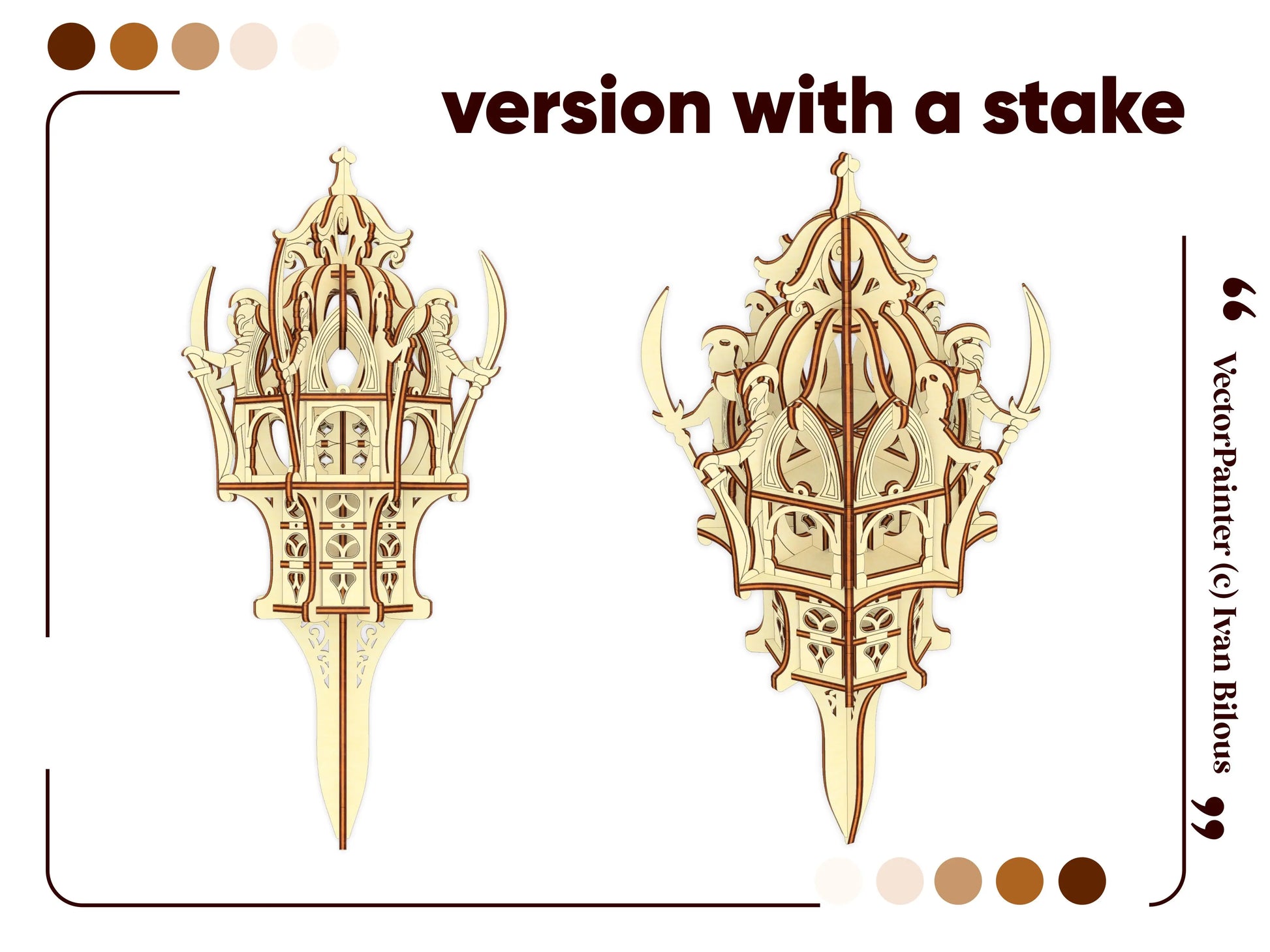 Front and side views of a laser cut plywood elven castle model variation equipped with a sharp integrated ground stake.