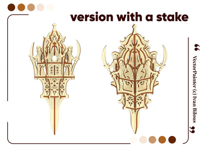 Front and side views of a laser cut plywood elven castle model variation equipped with a sharp integrated ground stake.