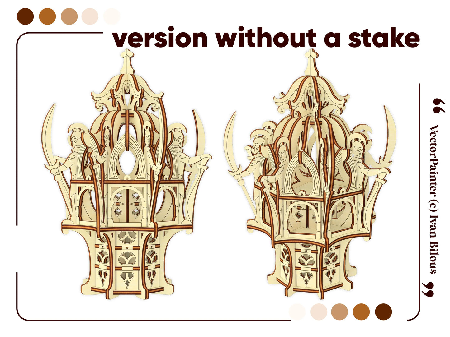 Flat base version layout of a laser cut plywood decorative tabletop gaming tower tower viewed from two distinct angles.