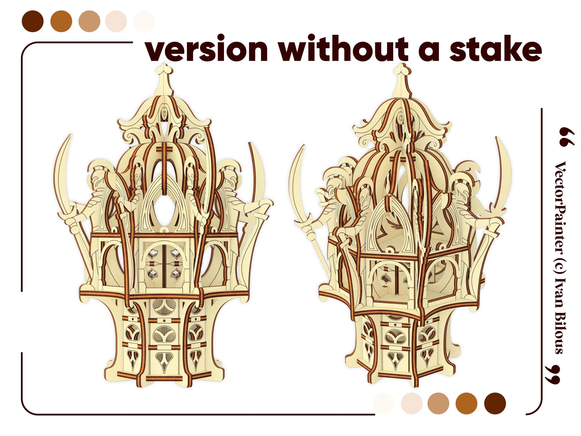 Flat base version layout of a laser cut plywood decorative tabletop gaming tower tower viewed from two distinct angles.