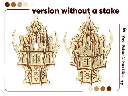 Flat base version layout of a laser cut plywood decorative tabletop gaming tower tower viewed from two distinct angles.