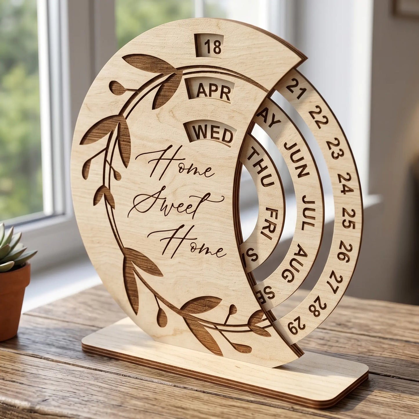 Circular laser cut plywood perpetual calendar with 'Home Sweet Home' engraving on a sunny wooden table near a bright window