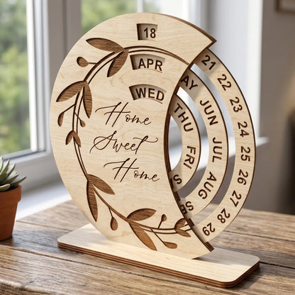 Circular laser cut plywood perpetual calendar with 'Home Sweet Home' engraving on a sunny wooden table near a bright window