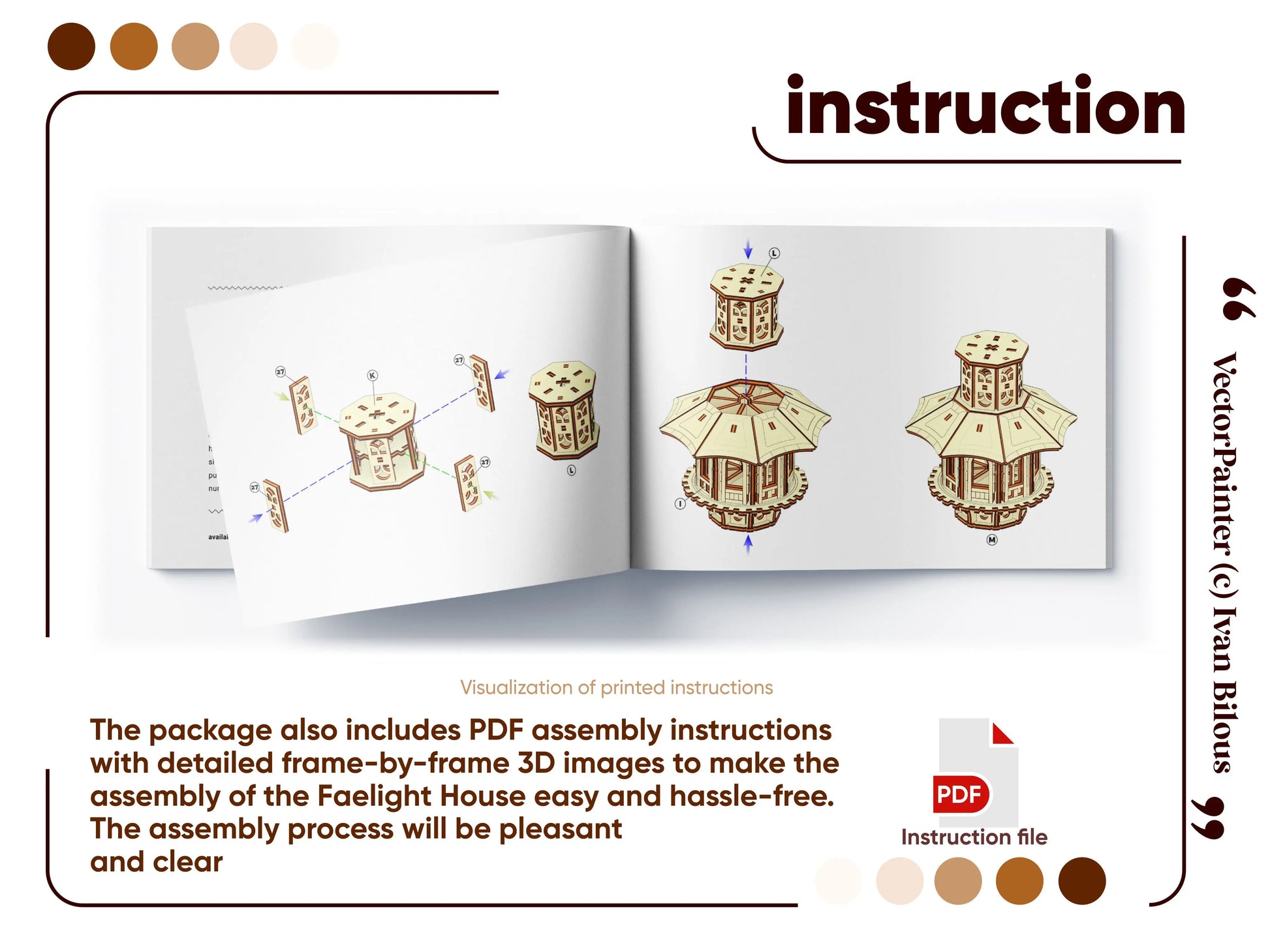 A comprehensive assembly instruction manual guide preview showing clear 3D exploded diagram pages for laser cut plywood.