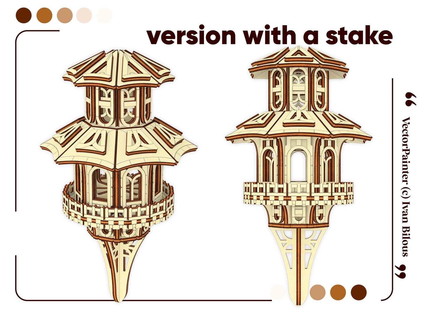 Template layout displaying perspective and side elevation views of a miniature pagoda house stake from laser cut plywood.