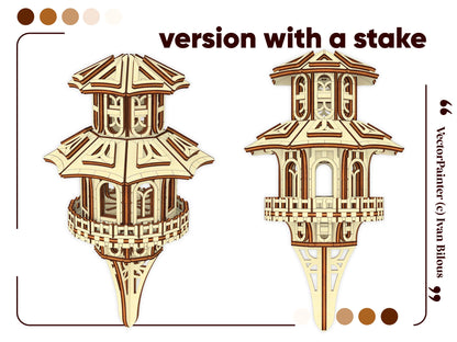 Template layout displaying perspective and side elevation views of a miniature pagoda house stake from laser cut plywood.