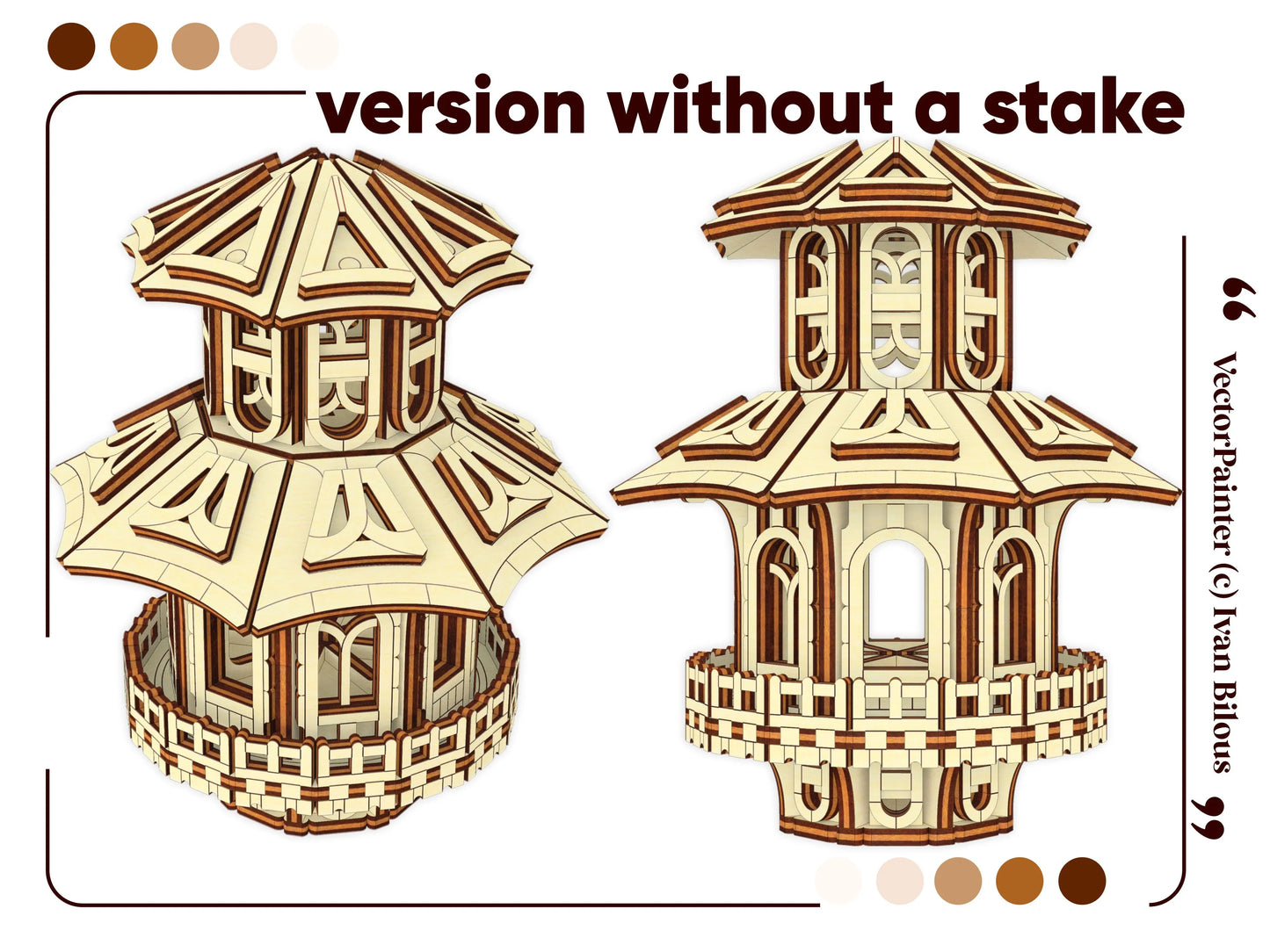 Template layout displaying perspective and side elevation views of an intricate miniature pagoda house, laser cut plywood.