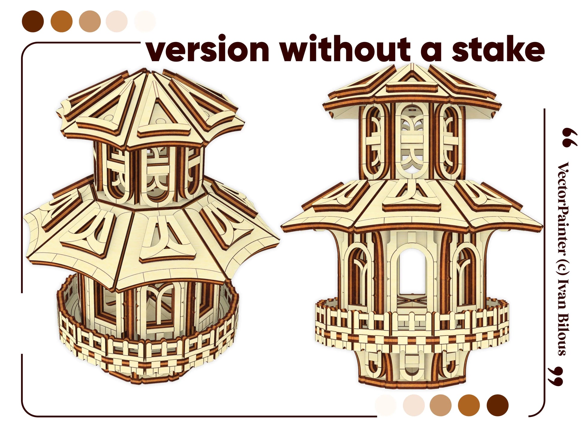 Template layout displaying perspective and side elevation views of an intricate miniature pagoda house, laser cut plywood.