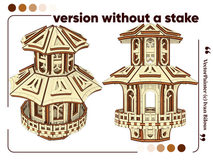 Template layout displaying perspective and side elevation views of an intricate miniature pagoda house, laser cut plywood.