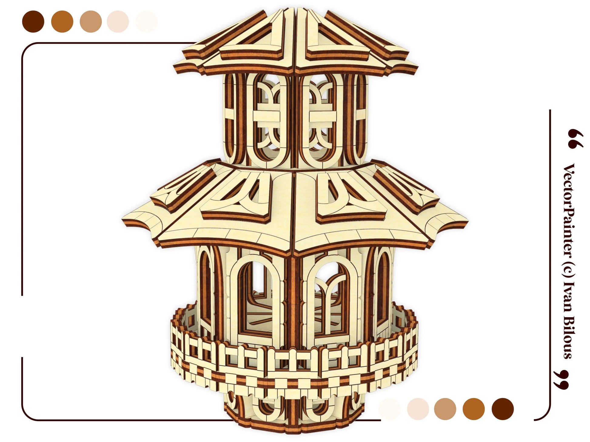 A beautifully detailed 3D vector model template graphic showcasing a multi-tier fairytale pagoda house, laser cut plywood.