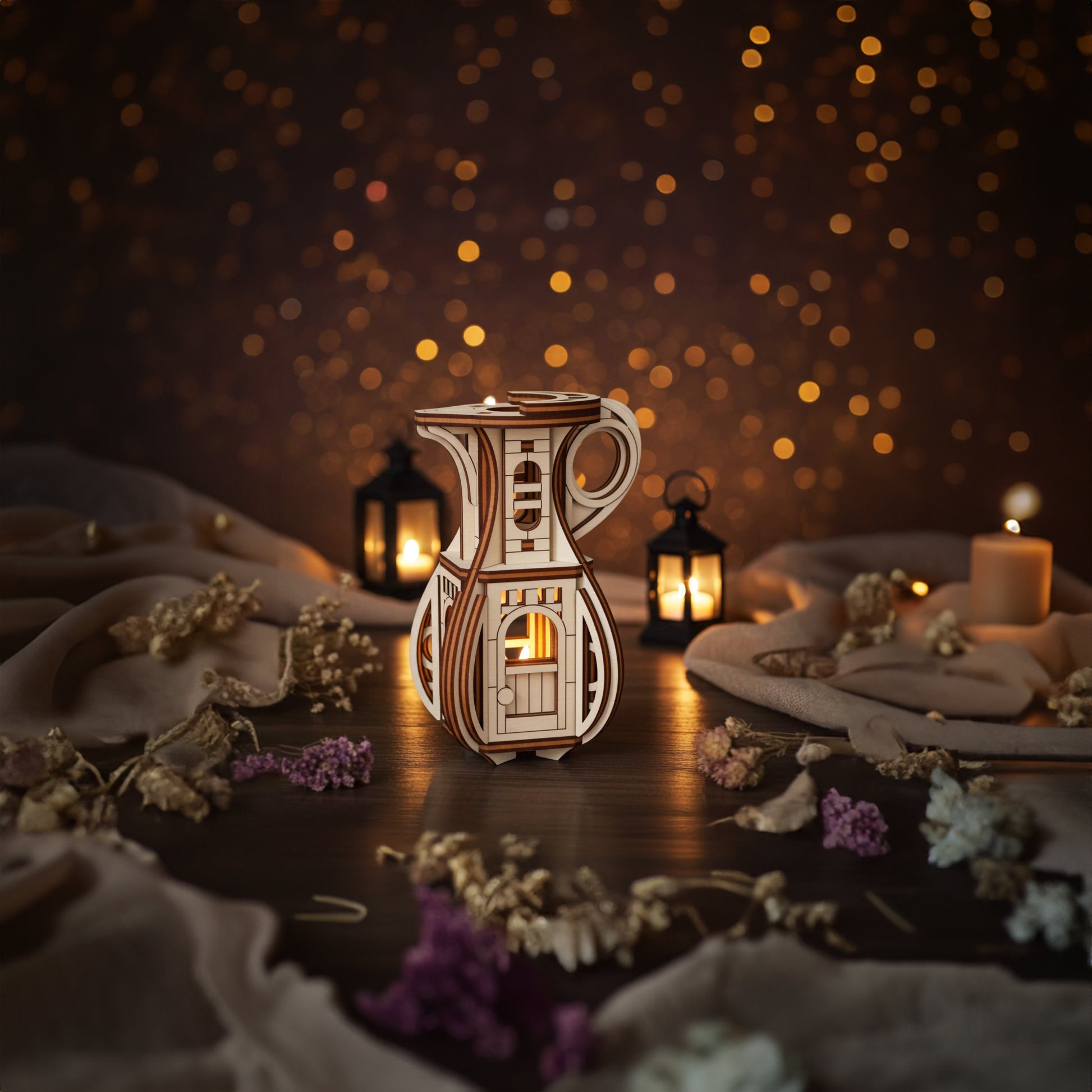 Miniature fairy vase house made from laser cut wood, standing in a cozy fantasy scene with fabric, dried flowers and soft candle lantern lighting