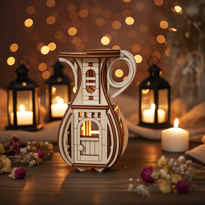Plywood fairy house jug with arched door and tiny windows, detailed laser cut design used as a decorative candle holder for magical home decor