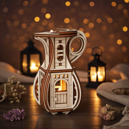 Wooden fairy house lantern shaped like a jug, laser cut from plywood, glowing with candle light on a dark table with warm bokeh lights in the background