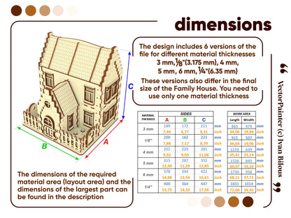 Dimension chart infographic with a size table for six different material thicknesses of a laser cut plywood family house.