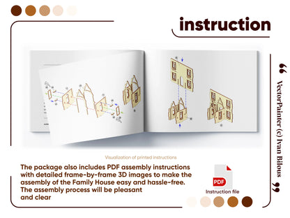 Graphic layout of an open PDF assembly manual showing 3D step-by-step diagrams for a laser cut plywood family model house