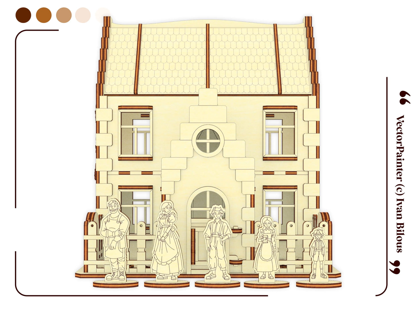 Front view graphic showing five miniature wooden character figures lined up outside a laser cut plywood family dollhouse.