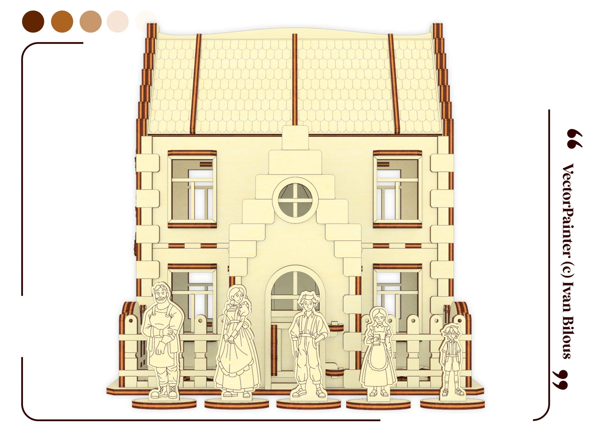 Front view graphic showing five miniature wooden character figures lined up outside a laser cut plywood family dollhouse.
