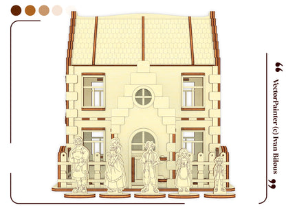 Front view graphic showing five miniature wooden character figures lined up outside a laser cut plywood family dollhouse.