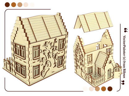 Exploded 3D graphic view showing a detachable roof panel and internal rooms of the laser cut plywood family model house.