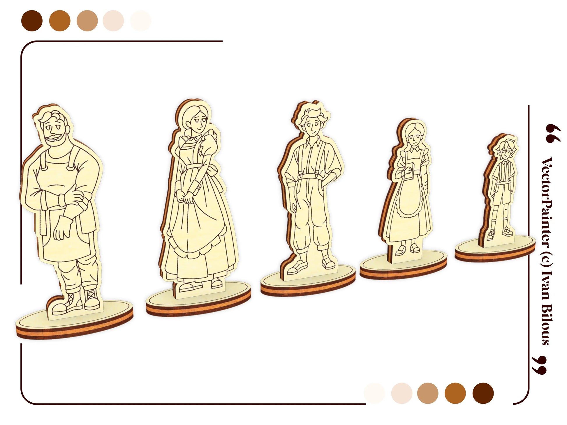 Five miniature wooden family figures on round bases, designed as part of a custom laser cut plywood family dollhouse kit.