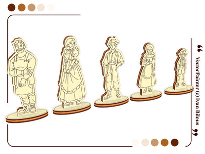 Five miniature wooden family figures on round bases, designed as part of a custom laser cut plywood family dollhouse kit.