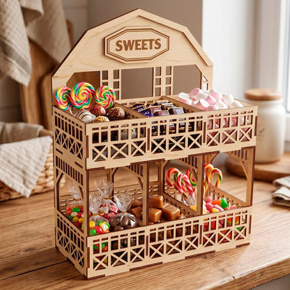 Laser cut plywood two tier barn shelf filled with colorful sweets, chocolates and marshmallows on a kitchen counter