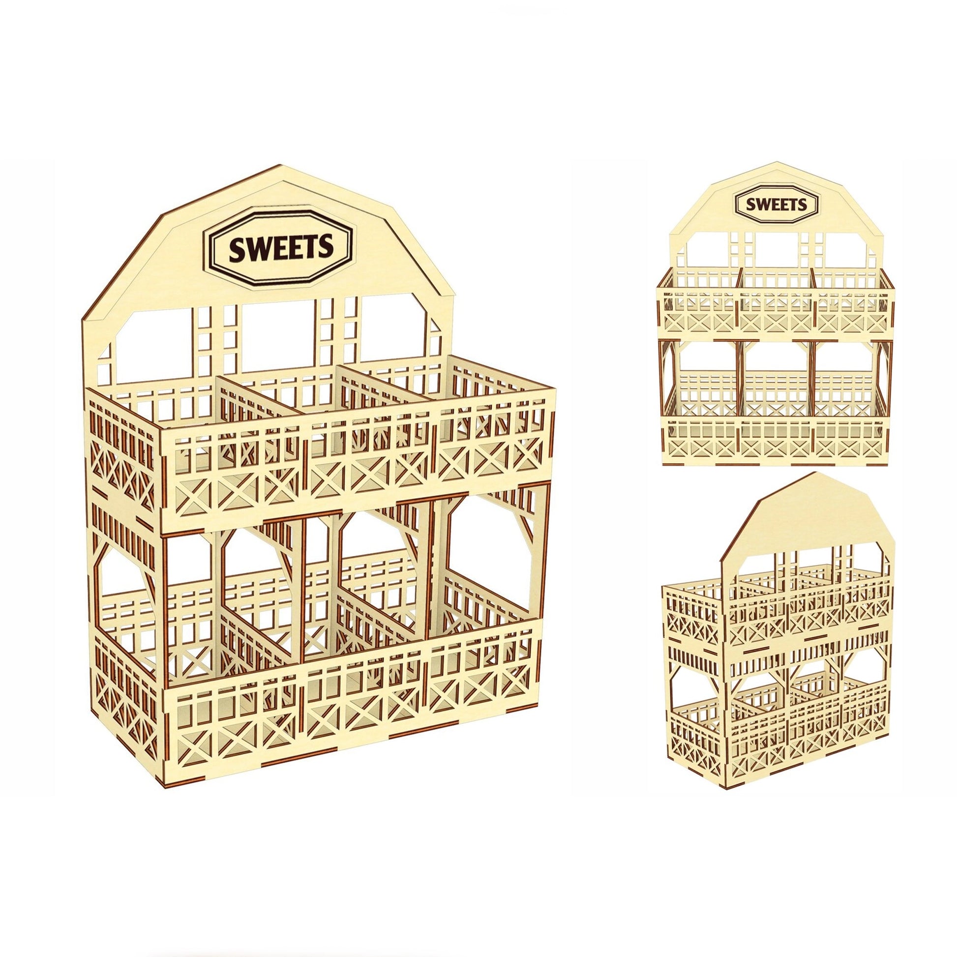 Laser cut plywood barn display stand vector model showing front, back and isometric preview angles on white backdrop