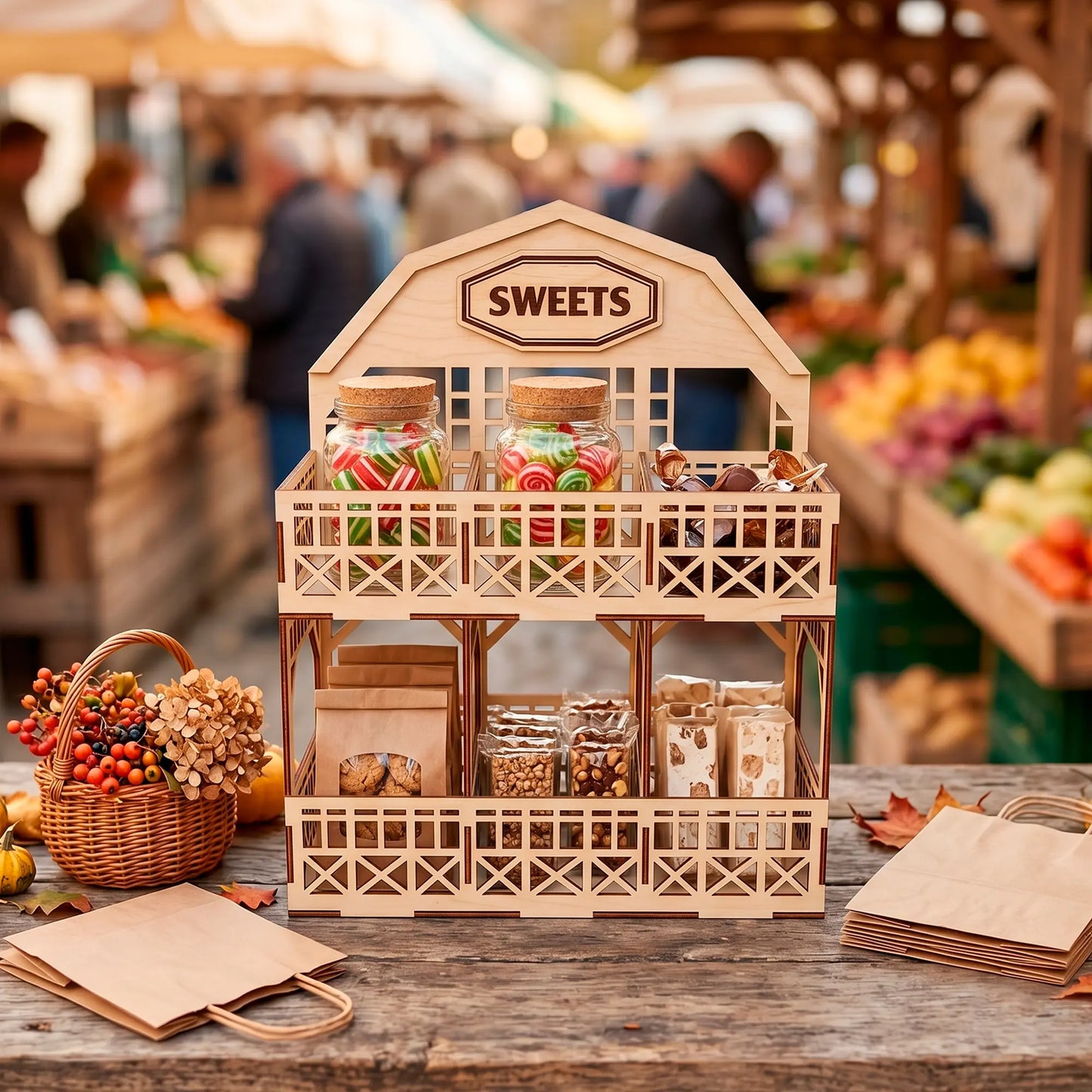 Laser cut plywood barn counter display filled with candy jars on a rustic market table with craft bags